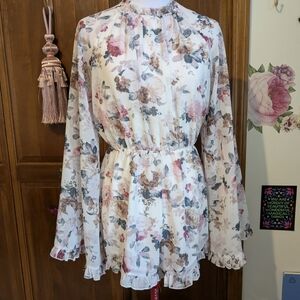 Forever 21 Floral Long Sleeve Romper - Cream and Pink